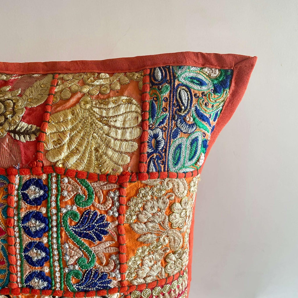 ATRANGI STUDIO Patchwork Cushion Covers - Set of 2 | Handcrafted Khambadiya Patchwork | Rajasthani Art Pillow Cover | Ethnic Cushion Covers for Sofa, Bed & Home Decor | 16x16 Inch, Orange