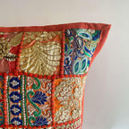 ATRANGI STUDIO Patchwork Cushion Covers - Set of 2 | Handcrafted Khambadiya Patchwork | Rajasthani Art Pillow Cover | Ethnic Cushion Covers for Sofa, Bed & Home Decor | 16x16 Inch, Orange