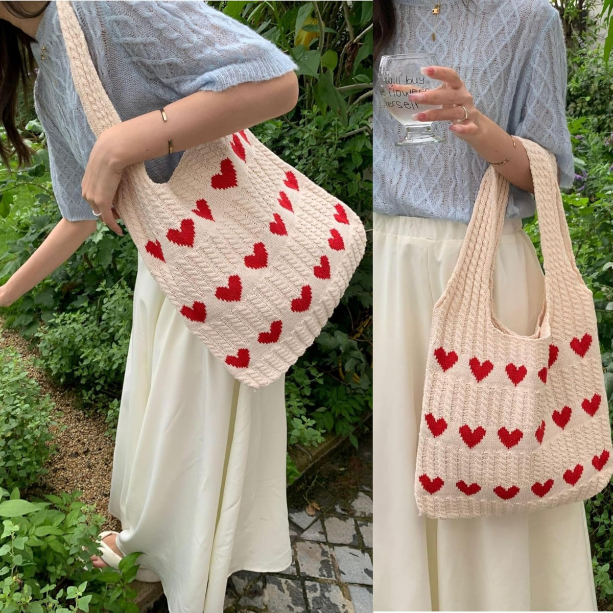 Kawn® Premium Knitted Heart Pattern Tote Bag Large Stylish and Durable Trendy bag for Everyday Use Beach Shopping Travel Work – Comfortable and Trendy Design (Beige)