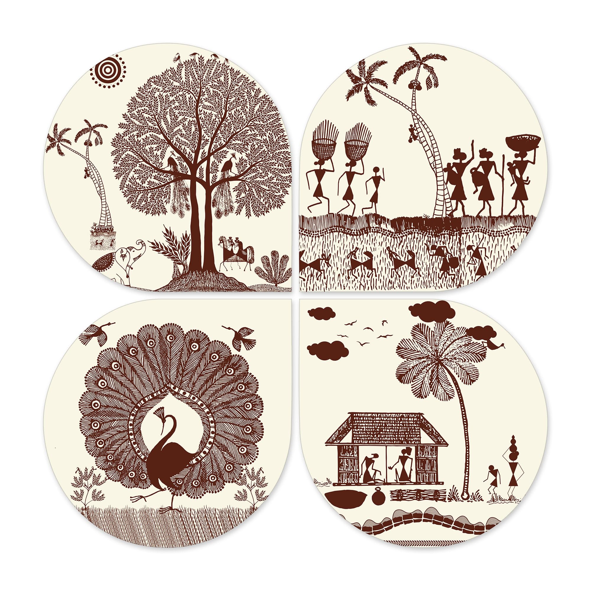 Artvibes Ancient Village Warli Art Decorative Wall Art MDF Wooden Wall Hanger for Home | Handcrafted Art | Graphic Artwork | Aesthetic Wooden Decor | Sceneries | Ideal Gifts (WH_8438N), Set of 4