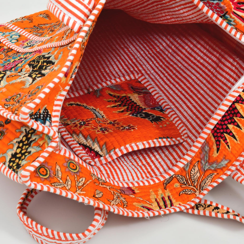MITTICO Quilted Cotton Tote Bag for Women – Large Shoulder Handbag with Zipper & Multiple Pockets | Lightweight Travel Tote for Office, Shopping & Daily Use | Orange Floral Print