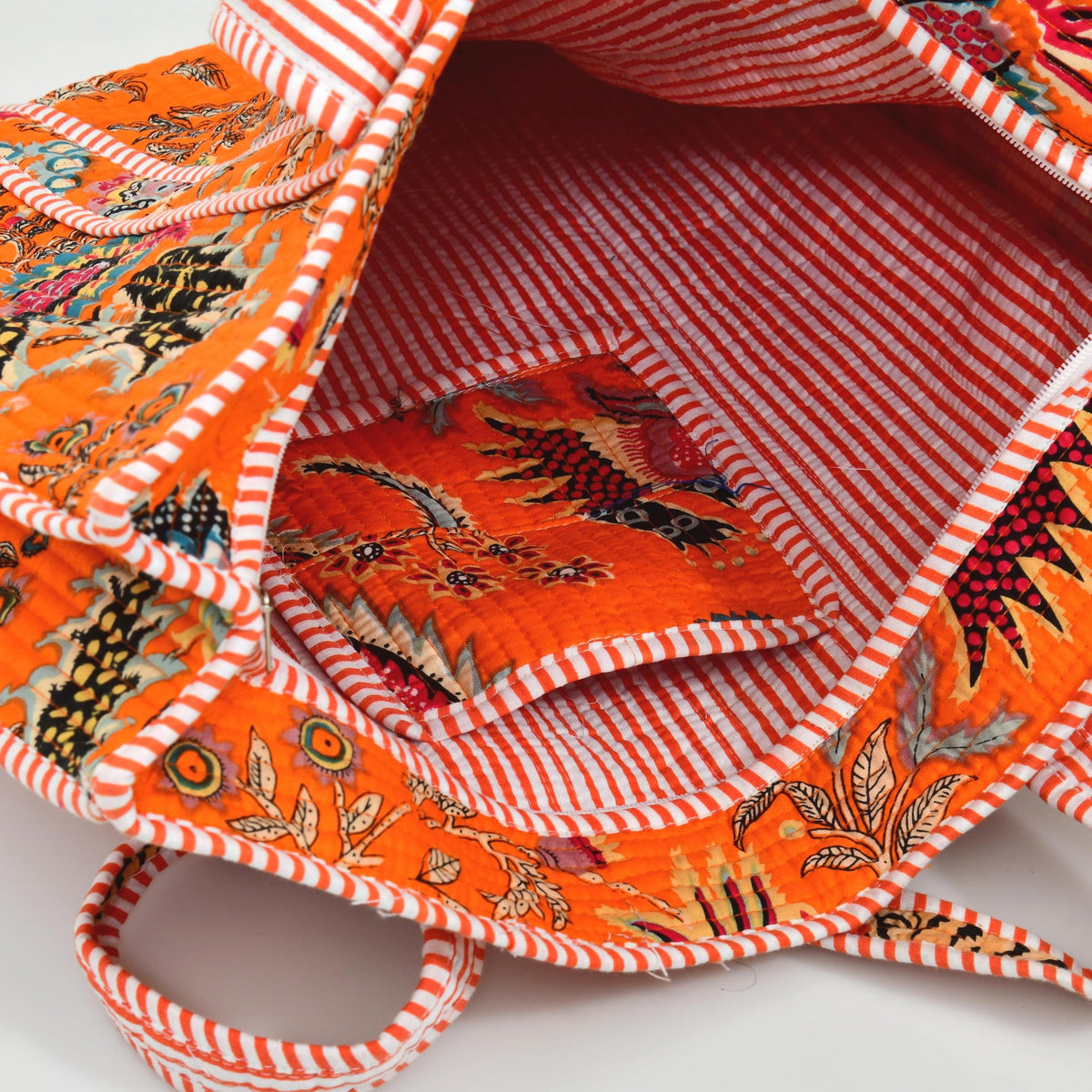 MITTICO Quilted Cotton Tote Bag for Women – Large Shoulder Handbag with Zipper & Multiple Pockets | Lightweight Travel Tote for Office, Shopping & Daily Use | Orange Floral Print