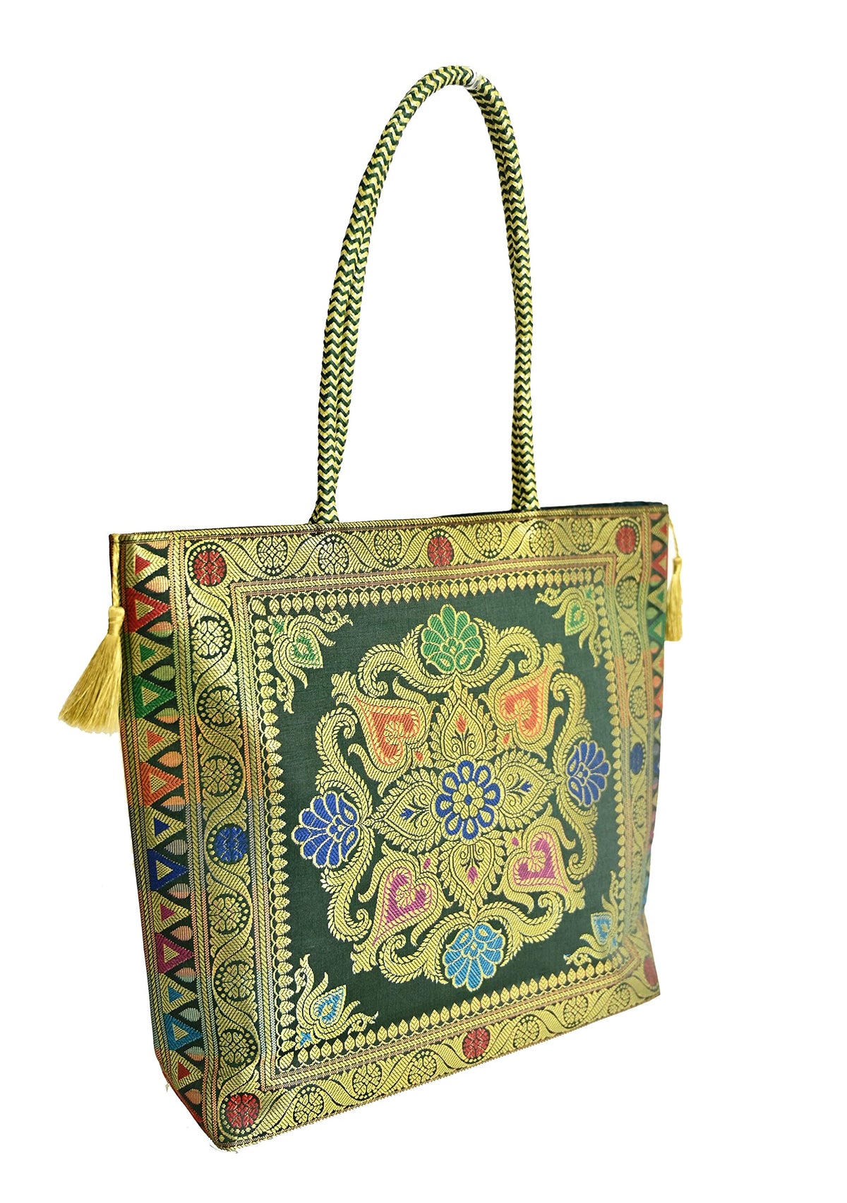 Nirvana Handicraft Silk Hand Bag/Shoulder/Tote Bag For Ladies (Medium, Rangoli, Dark Green (Kai Colour))