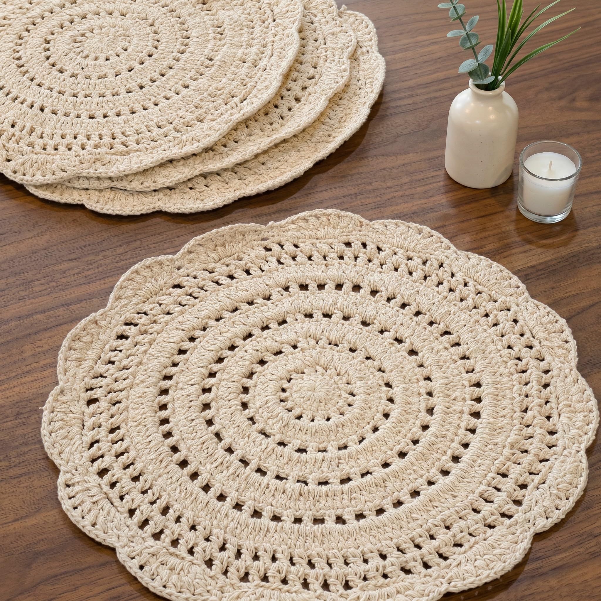 R home Set of 4 Crochet Placemats for Dining Table I 100% Cotton Crochet Table mats I 15 Inch (30 CM) Round I Hand Made Heavy Anti-Skid Placemat I Perfect for Dining Table Decor Kafalo
