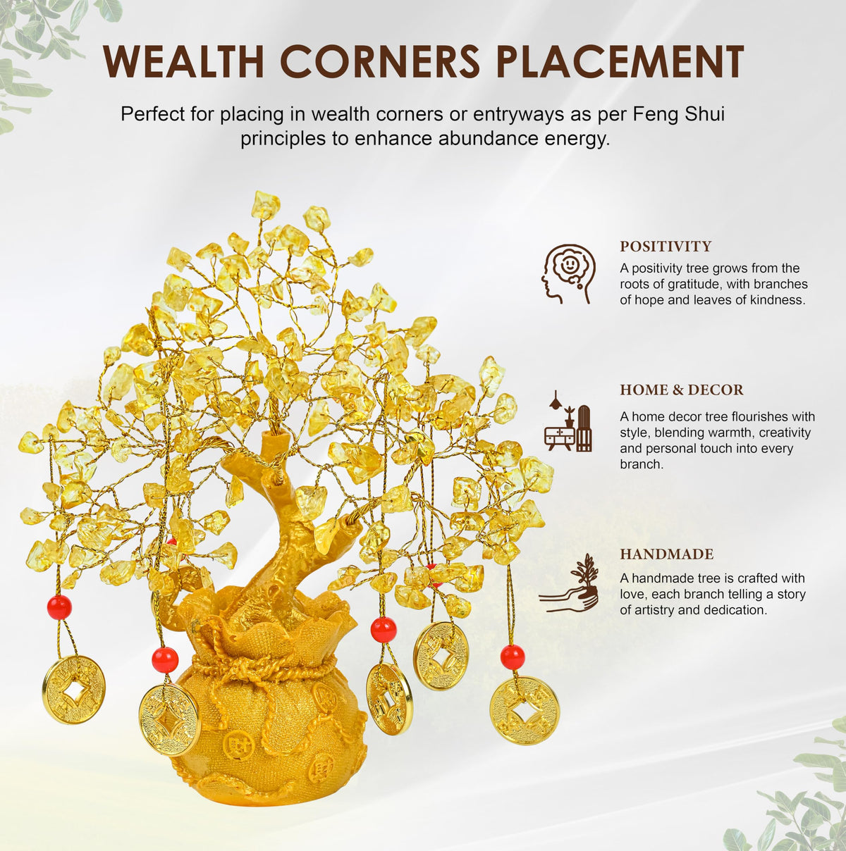Crocon Citrine Crystal Tree of Life – Feng Shui Money Tree with 6 Coins & Potli Base – Reiki Healing Bonsai Tree for Wealth & Abundance – Crystal Tree for Positive Energy & Home Decor