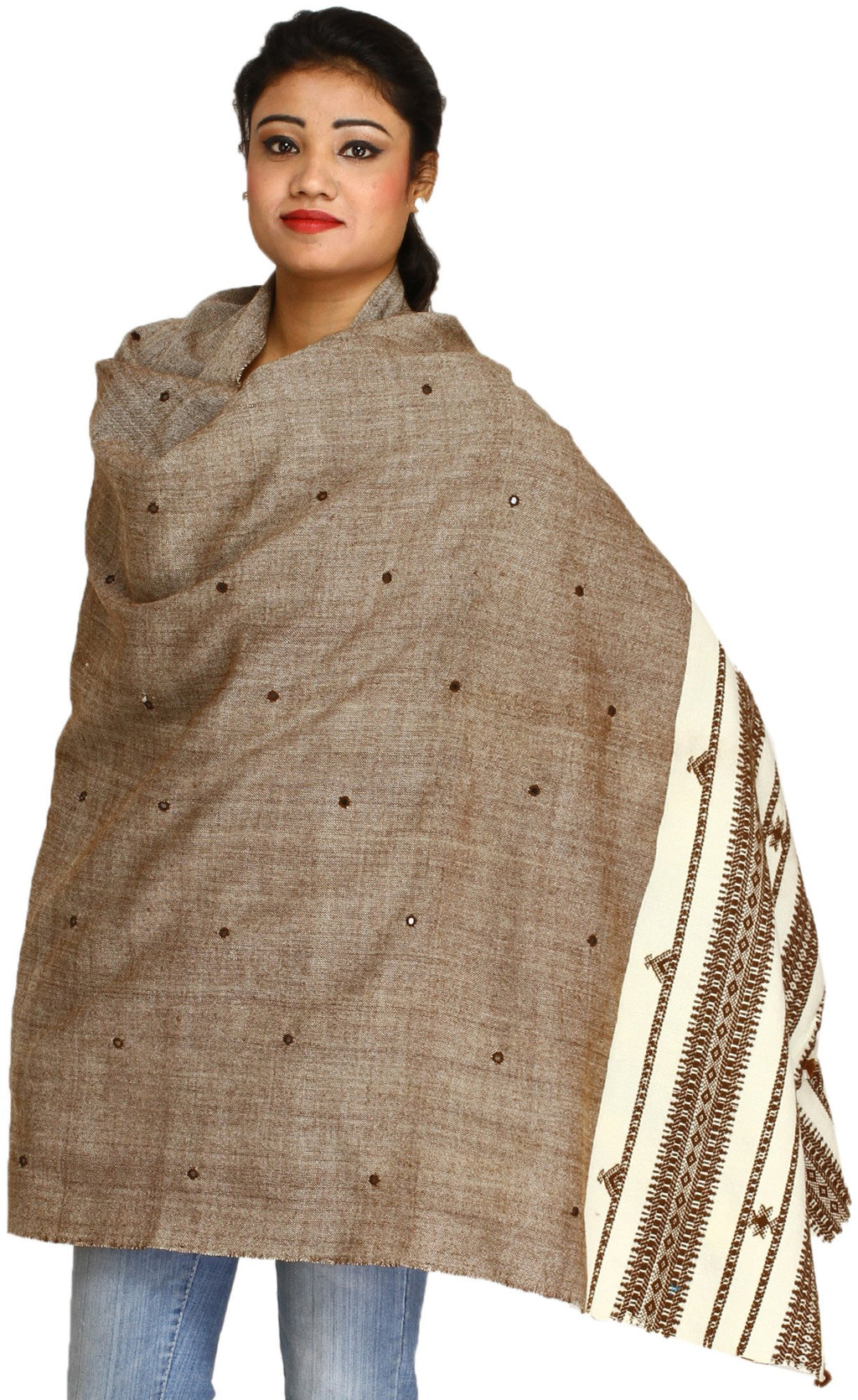 Exotic India Shawl from Kutch with Embroidered Mirrors - Color Stucco Brown
