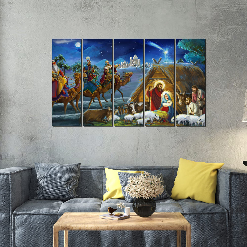 VIBECRAFTS Three King And Holy Family 5 Pieces Canvas Wall Painting For Home | Office | Living Room | Gift (PTVC5Pcs4_8525)
