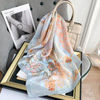 CrossKulture Ice Blue & Peach Poly Silken Feel Bandana Scarf for Women | Satin Feel | Floral Design | Soft & Lightweight Scarf | Square Scarf for Handbag | HeadBand, Bandana, Neck Scarf for Girls