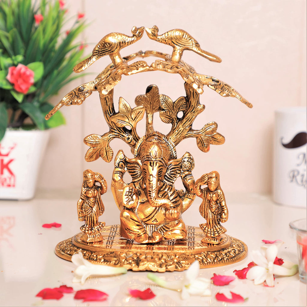KridayKraft Ganesha with Riddi Shiddi Under Tree Metal Statue for Pooja Decorative Showpiece Figurine Religious Idols for Home Office Statue Murti for Decoration & Pooja Gifting Purpose Sculpture