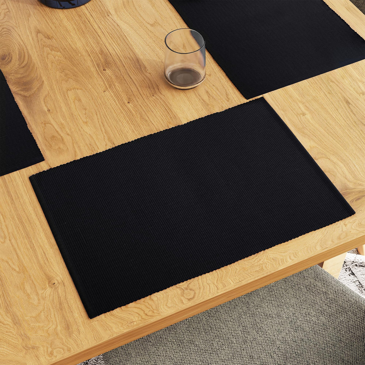 Encasa XO Dining Table Placemats, Ribbed Cotton Non-Slip Place Mats Black Kafalo