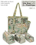 NIKAVIK 1 Tote Bags and 3 Pouch Quilted fabric Handblock Printed Tote Bag(with zip) and bottle compartment with Matching Pouches (Beige)