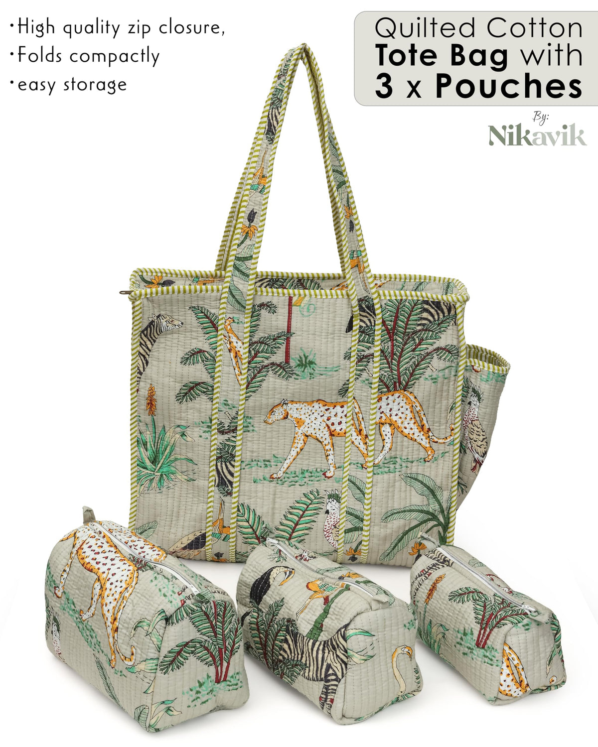 NIKAVIK 1 Tote Bags and 3 Pouch Quilted fabric Handblock Printed Tote Bag(with zip) and bottle compartment with Matching Pouches (Beige)