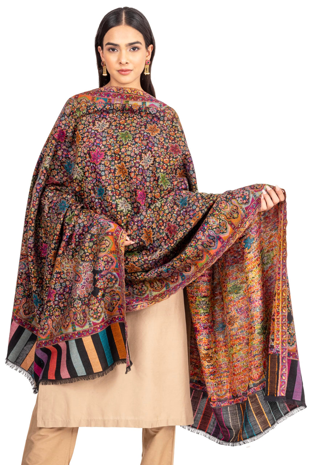 Naureen Women Pashmina Blend Kani Shawl with Floral Artwork, Warm and Soft, 40x80 inch
