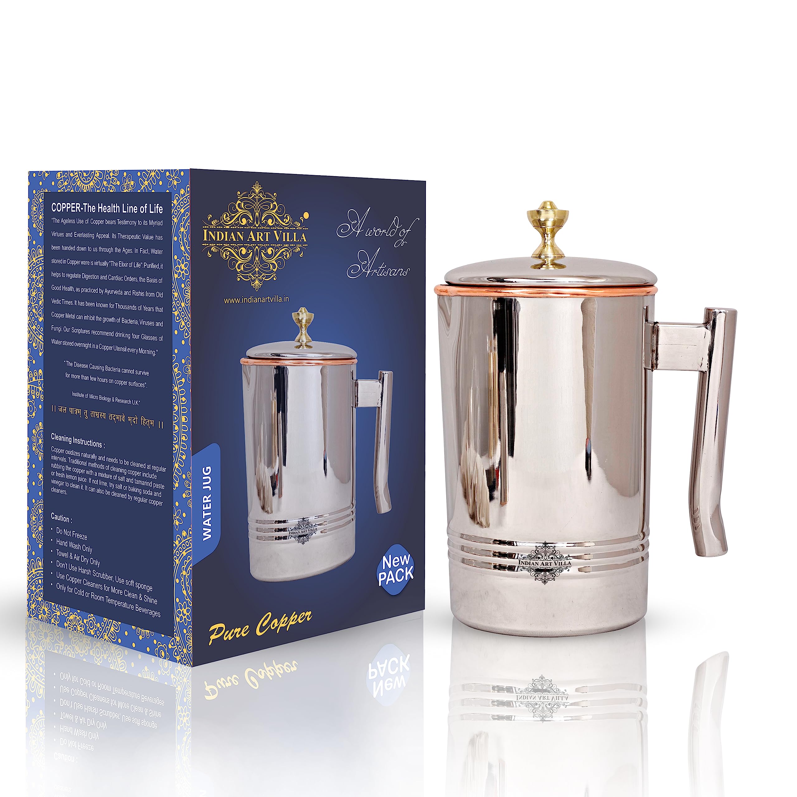 Indian Art Villa Steel Copper Carafes with Brass Knob, Serving Water Home Restaurant, 1000 ML