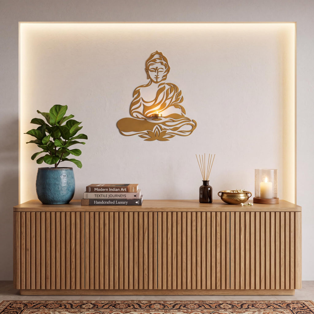 ALCU Buddha Wall Decor with Tealight Candle Holder | Gold Powder Coated Iron Metal Wall Art | 15 x 18 Inch Decorative Wall Hanging for Living Room, Bedroom, Meditation Room & Home Décor