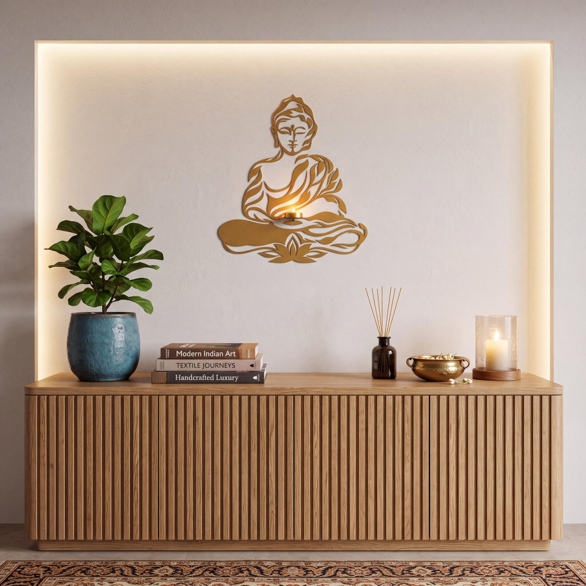 ALCU Buddha Wall Decor with Tealight Candle Holder | Gold Powder Coated Iron Metal Wall Art | 15 x 18 Inch Decorative Wall Hanging for Living Room, Bedroom, Meditation Room & Home Décor