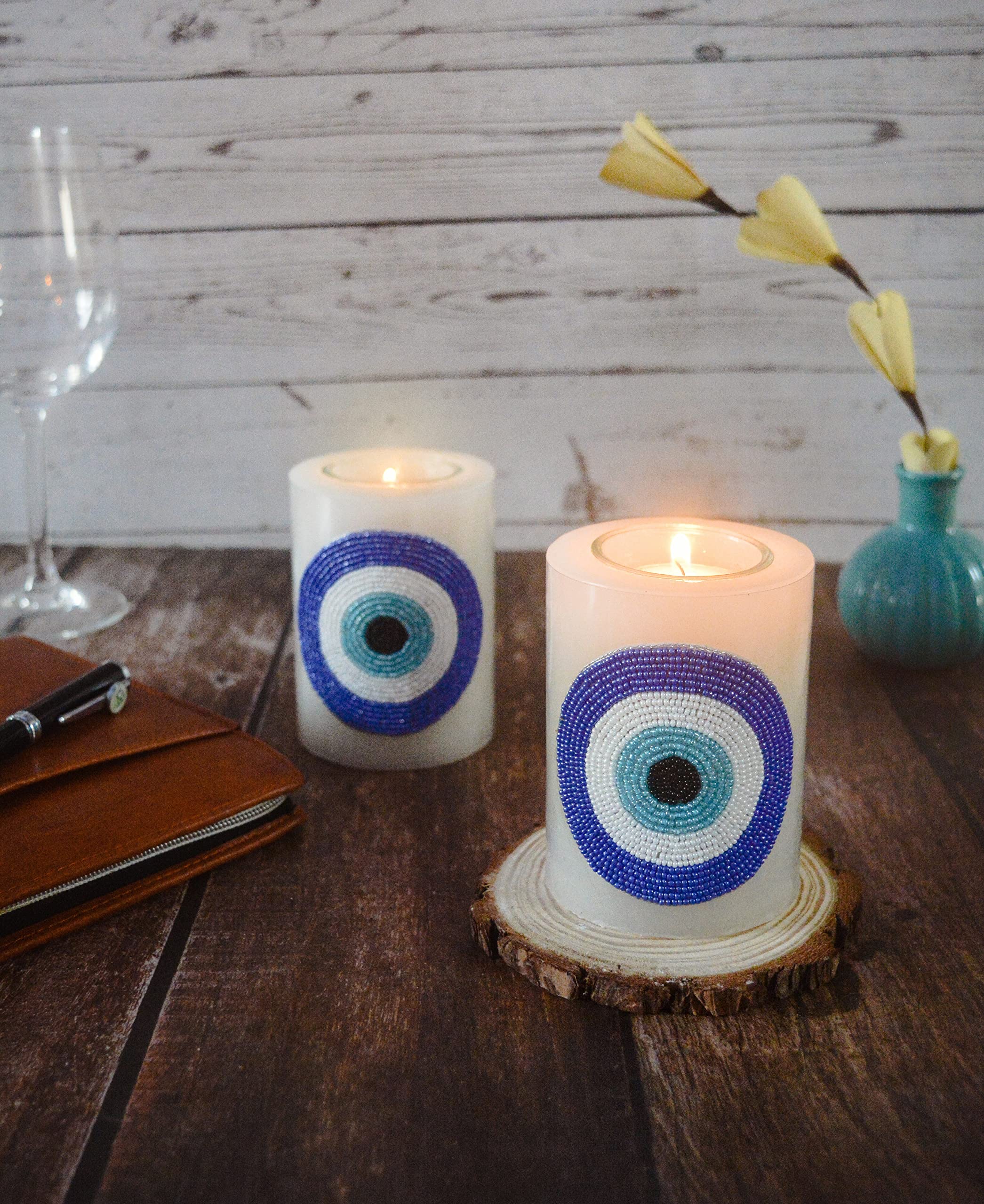 The Bling Stores Pillar Candle Garden of Season Evil Eye Wax Candle with Tea Light & Candle Holder Long Burn Time and Smokeless Candles - White Candles for Home Decoration