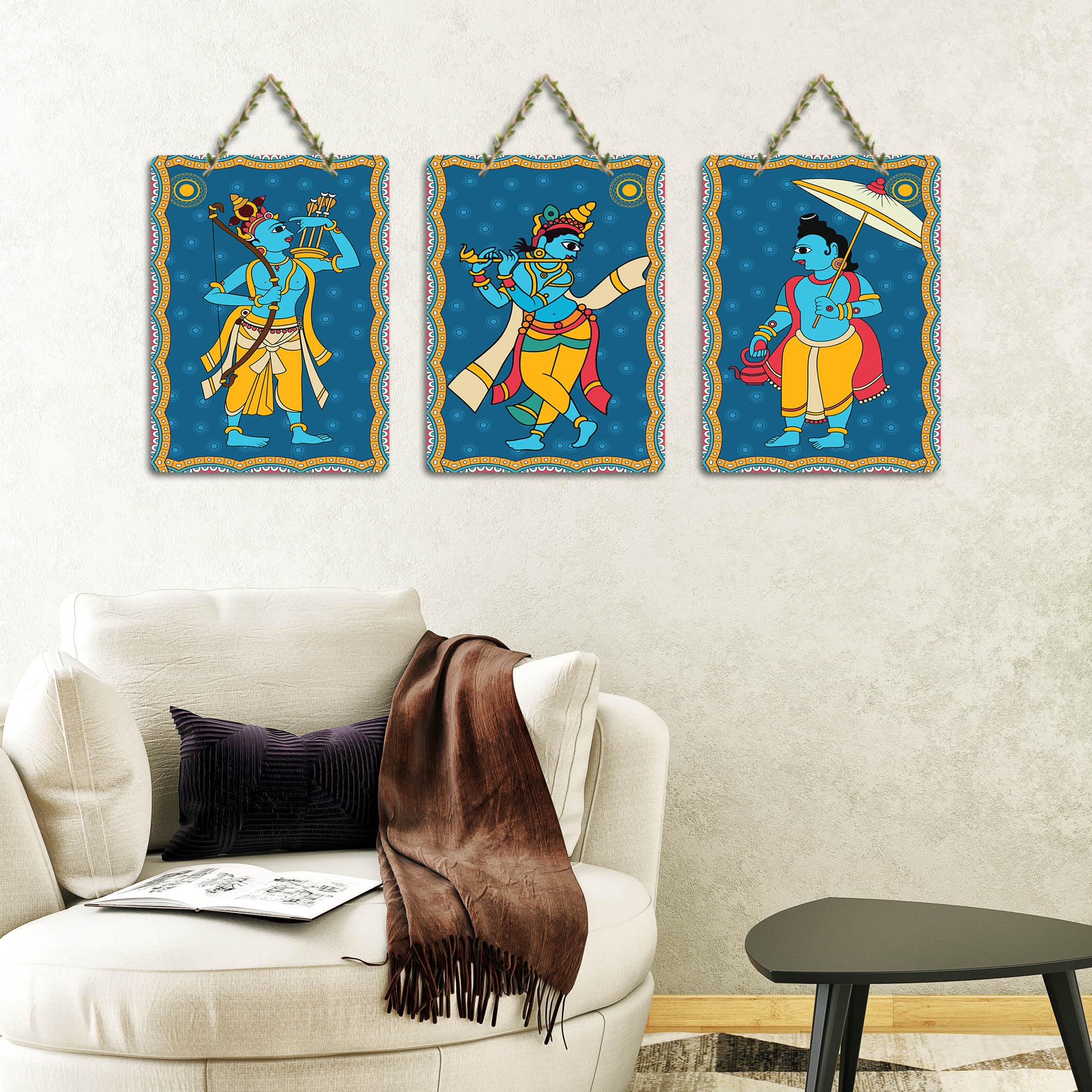 Artvibes Divine Shri Krishna & Ram Indian Religious Art Wooden Wall Hanger for Home | Spiritual Decor Items | Wall Poster | Artwork| Stylish Modern Decor Item | Gift Items (WH_96182N), Set of 3