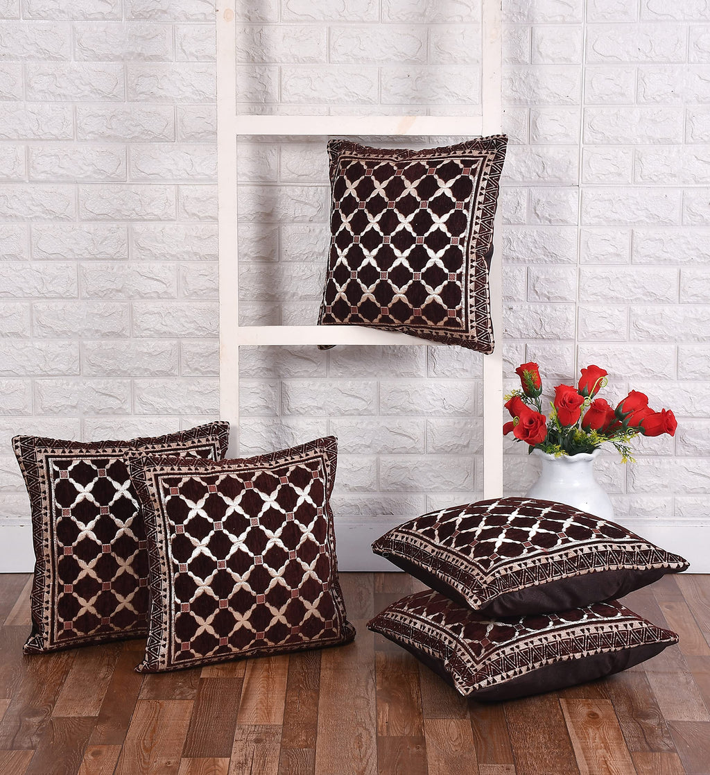 DECOMIZER Jacquard Geomteric Cushion Covers 16 Inch X 16 Inch Set Of 5 Ethnic Motifs Cushion Covers,Design- Criss-Cross,Color- Coffee, 240 TC