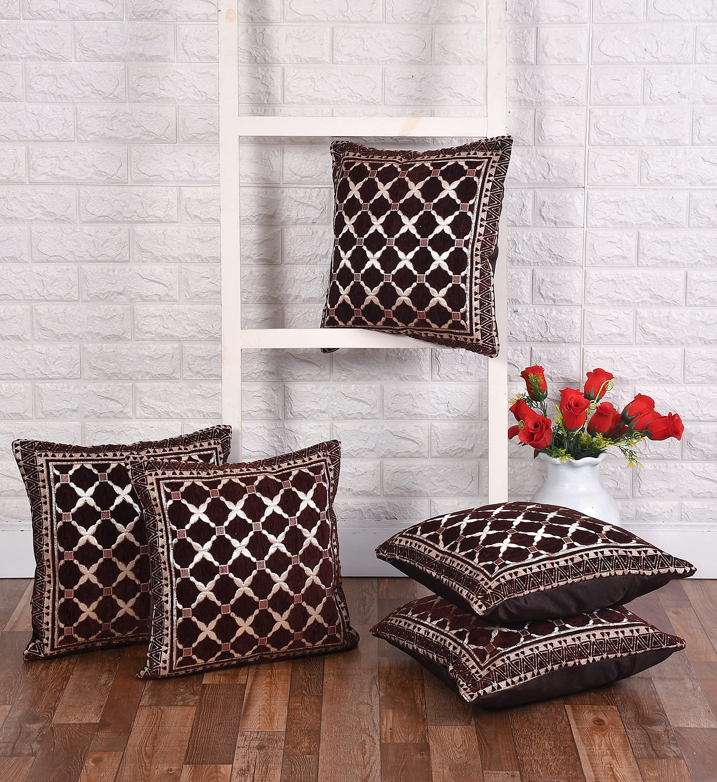 DECOMIZER Jacquard Geomteric Cushion Covers 24 Inch X 24 Inch Set Of 5 Ethnic Motifs 240 TC Cushion Covers,Design- Criss-Cross,Color- Coffee