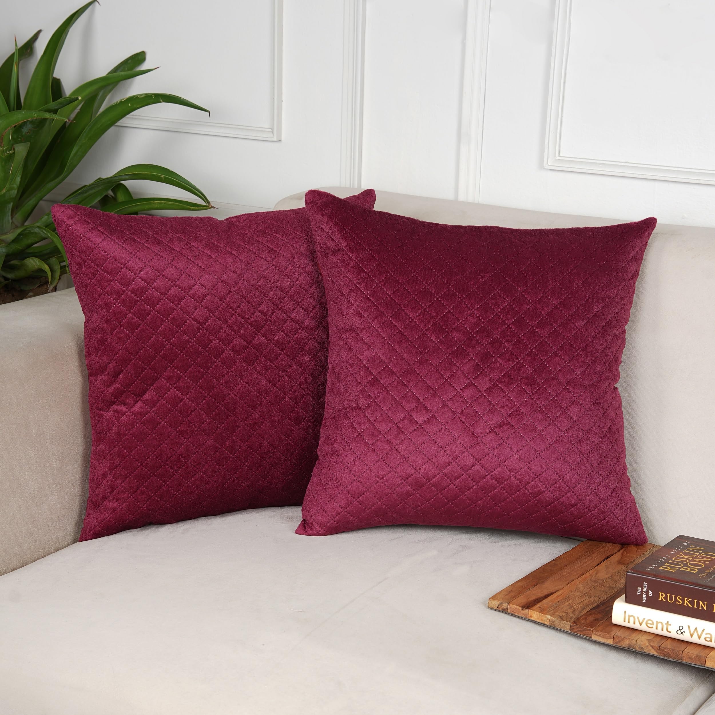 STITCHNEST Quilted Velvet Cushion Covers Set of 2 | Soft Maroon | 18x18 Inches | Premium Sofa & Living Room Décor