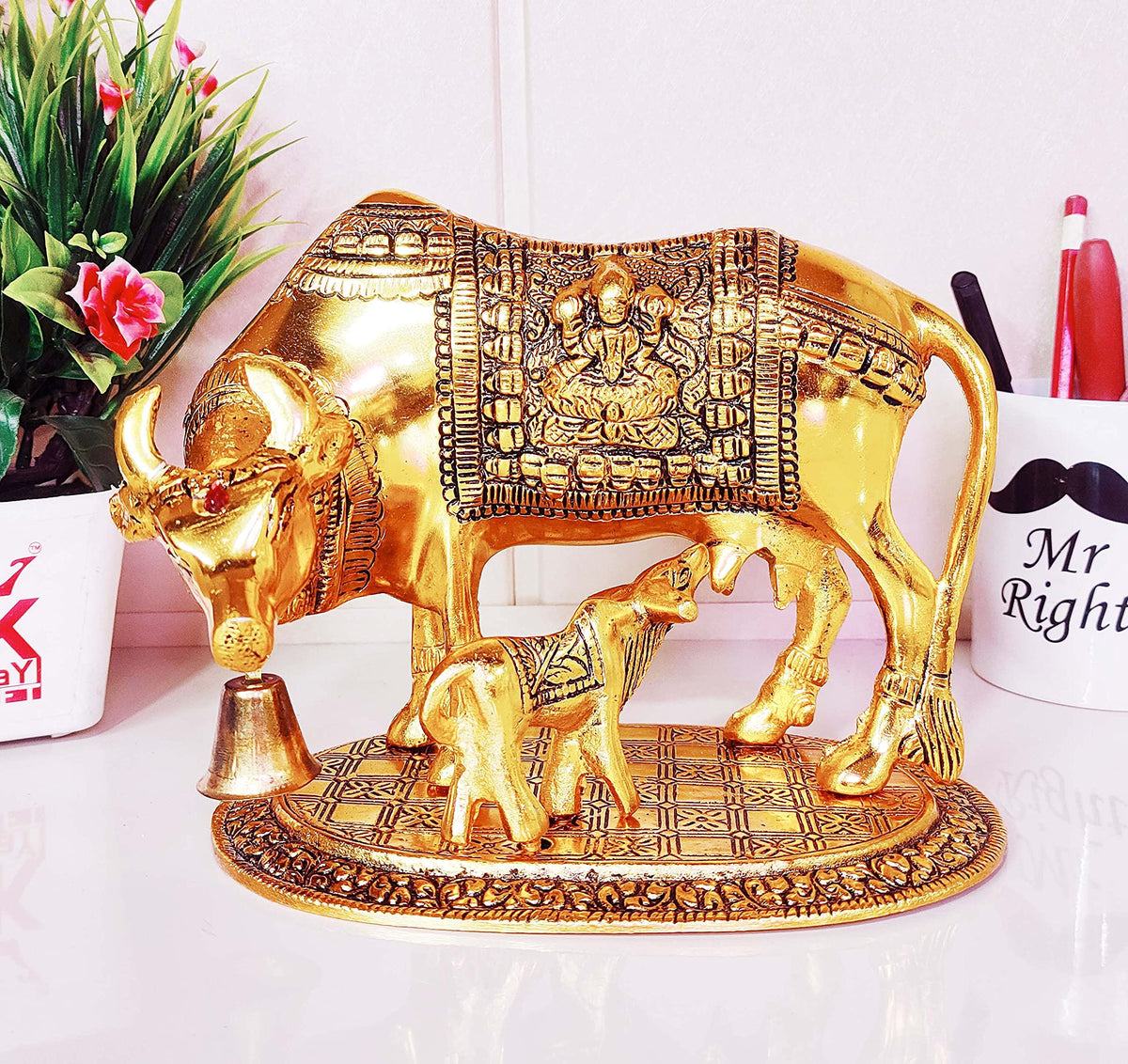 KridayKraft Kamdhenu Cow,Calf with Bal Gopal Krishna Metal Statue for Good Luck,Feng Shui As Table Top Figurine,Vastu,Religious Gau MATA Idol