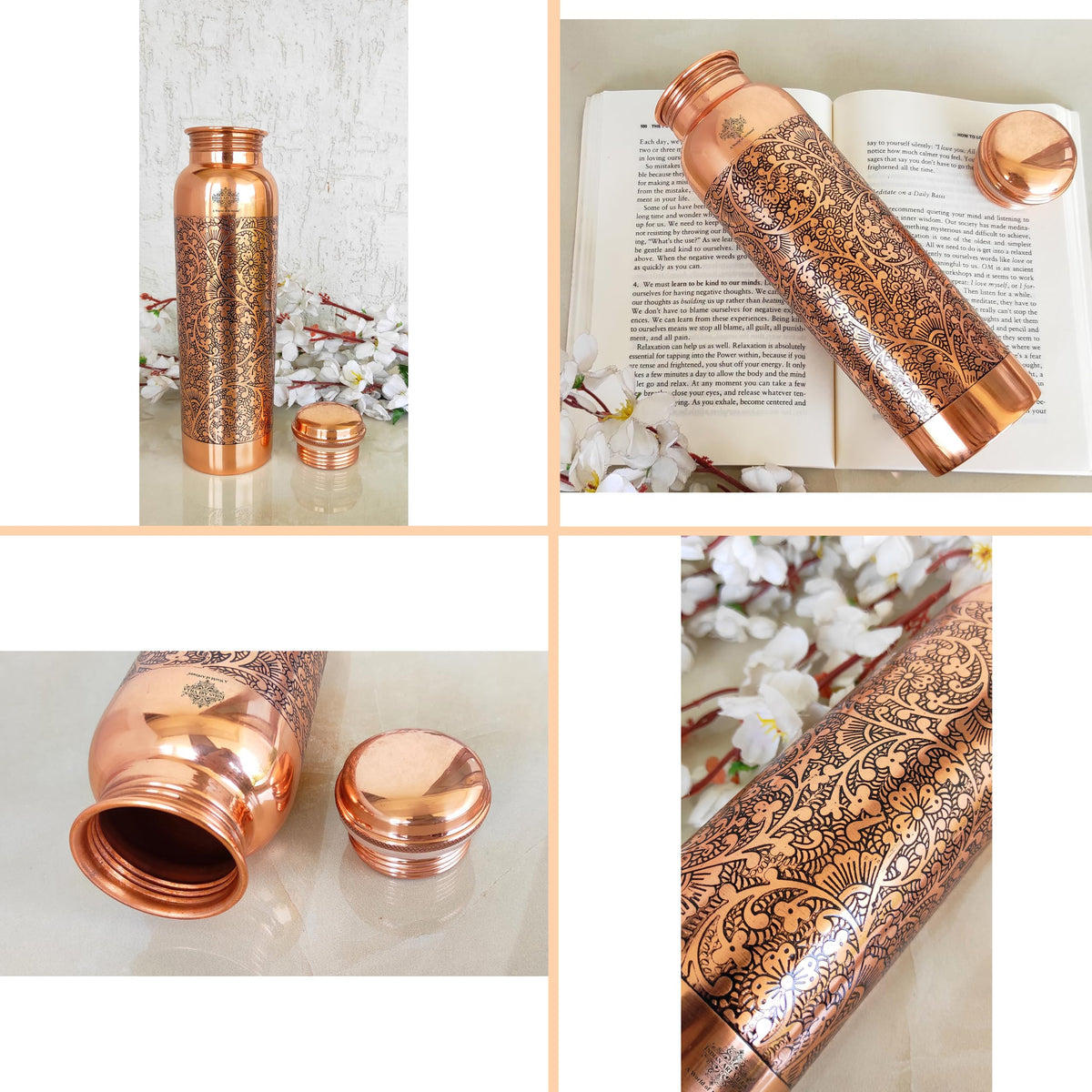 Indian Art Villa Copper Water Bottle, Dark Embossed Design, Ayurvedic Health Benefits, Brown (900 ml/0.9 Litre)