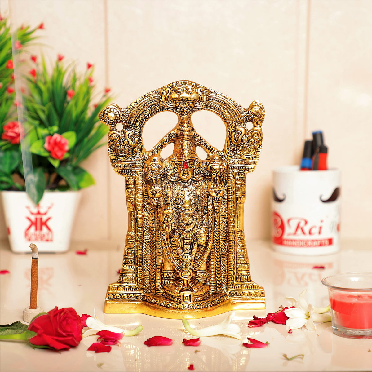Prince Home Decor & Gifts Metal Sri Venkateswara Idol, 4cm x 24 cm x 17 cm, Golden