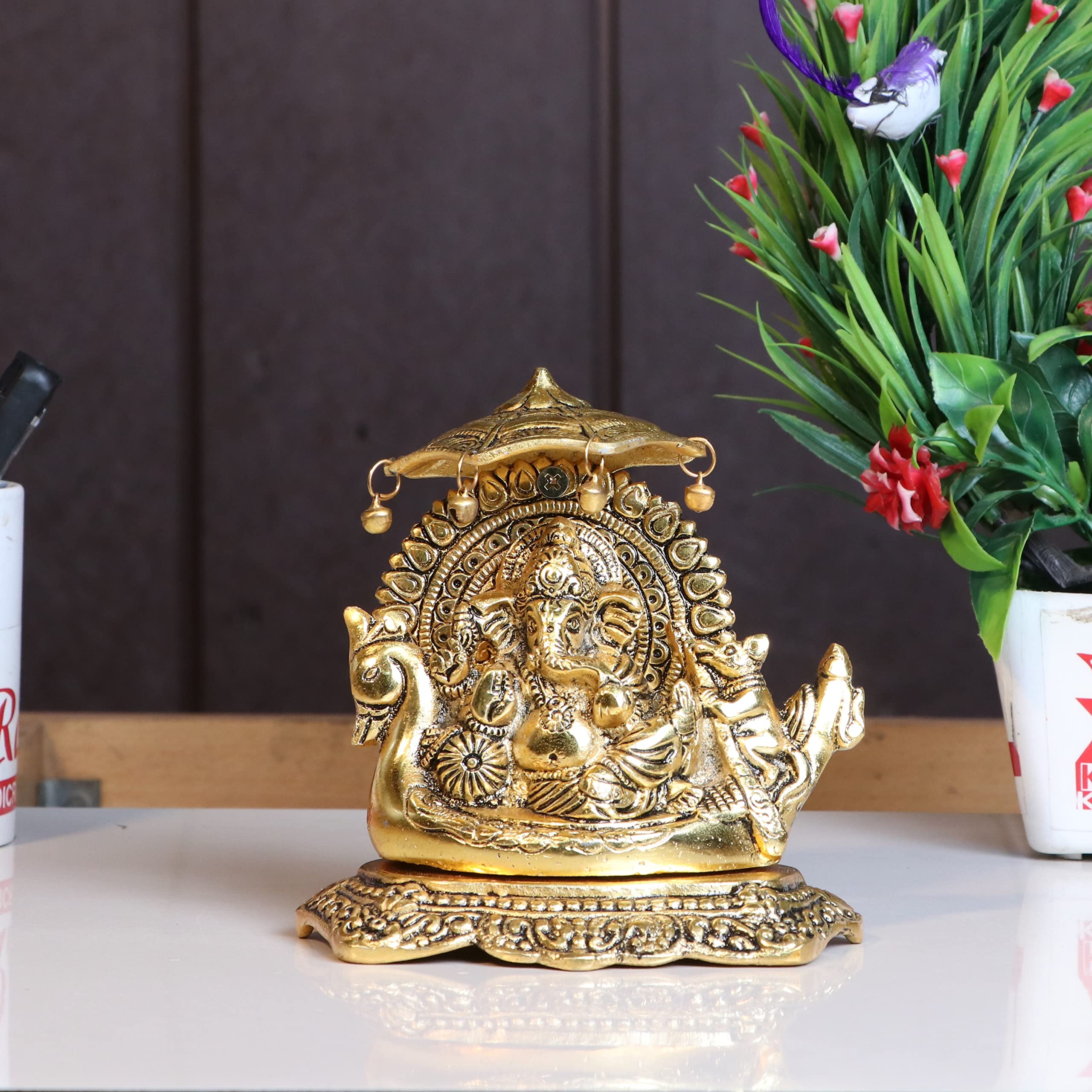 KridayKraft Metal Ganesha Statue Sitting on Boat, ganpati Bappa Religious Idol,Metal Ganesh ji Showpiece Figurines- Medium, Gold