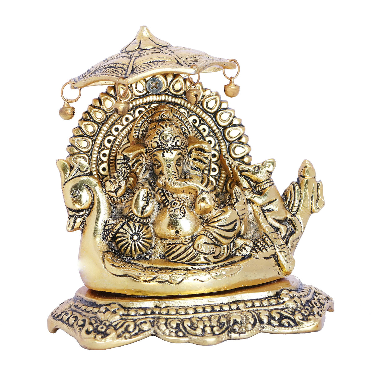 KridayKraft Metal Ganesha Statue Sitting on Boat, ganpati Bappa Religious Idol,Metal Ganesh ji Showpiece Figurines- Medium, Gold