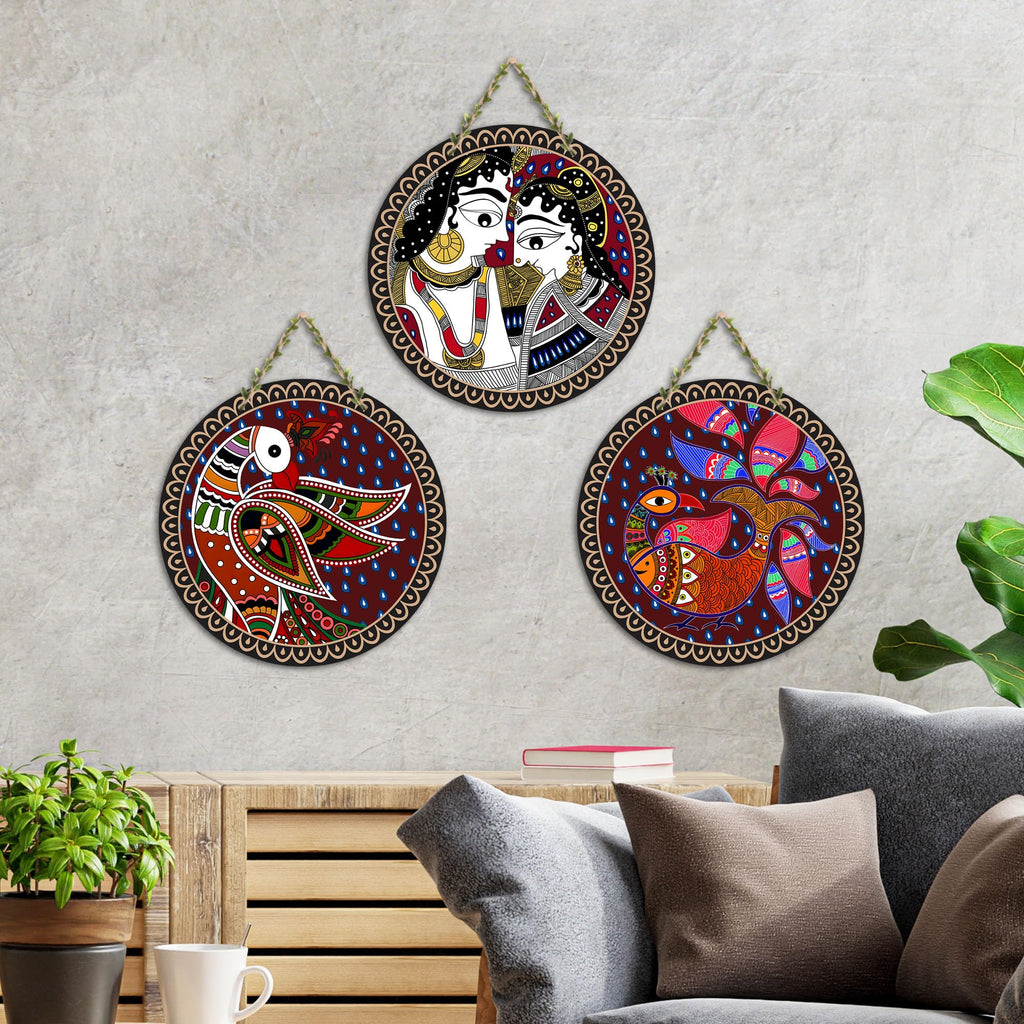 Artvibes Madhubani Folk Art Round Shape MDF Wooden Wall Decor Items | Living Room | Handcrafted Art | Wall Poster | Aesthetic Wooden Decor | Art Print | Unique Gift Items (WH_9903N), Set of 3