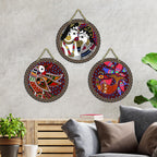 Artvibes Madhubani Folk Art Round Shape MDF Wooden Wall Decor Items | Living Room | Handcrafted Art | Wall Poster | Aesthetic Wooden Decor | Art Print | Unique Gift Items (WH_9903N), Set of 3