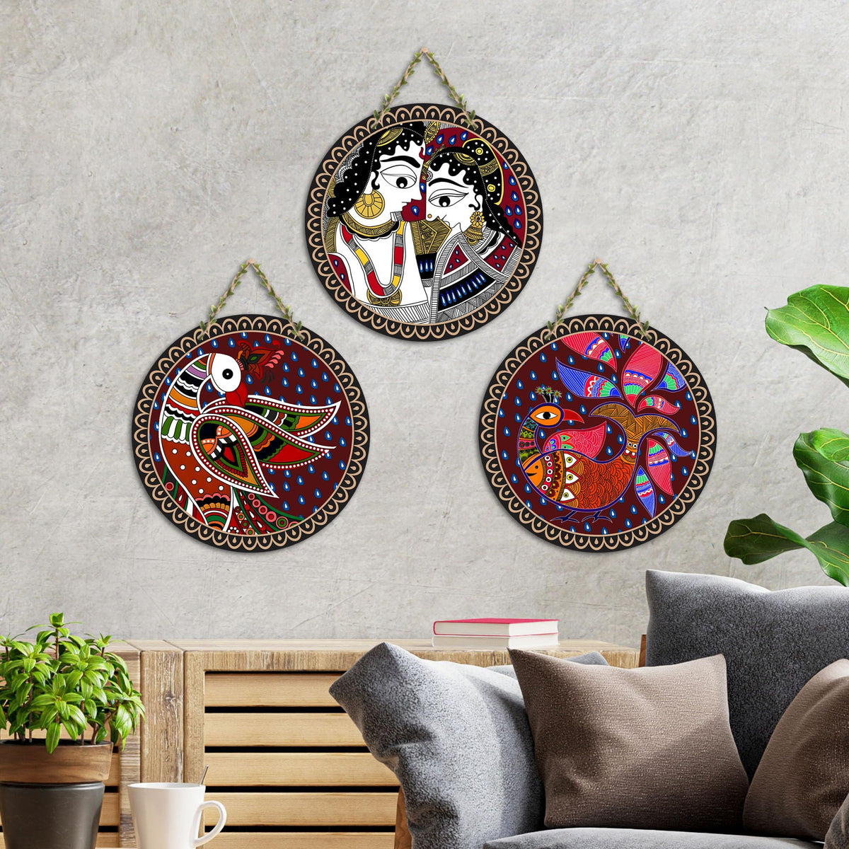 Artvibes Madhubani Folk Art Round Shape MDF Wooden Wall Decor Items | Living Room | Handcrafted Art | Wall Poster | Aesthetic Wooden Decor | Art Print | Unique Gift Items (WH_9903N), Set of 3