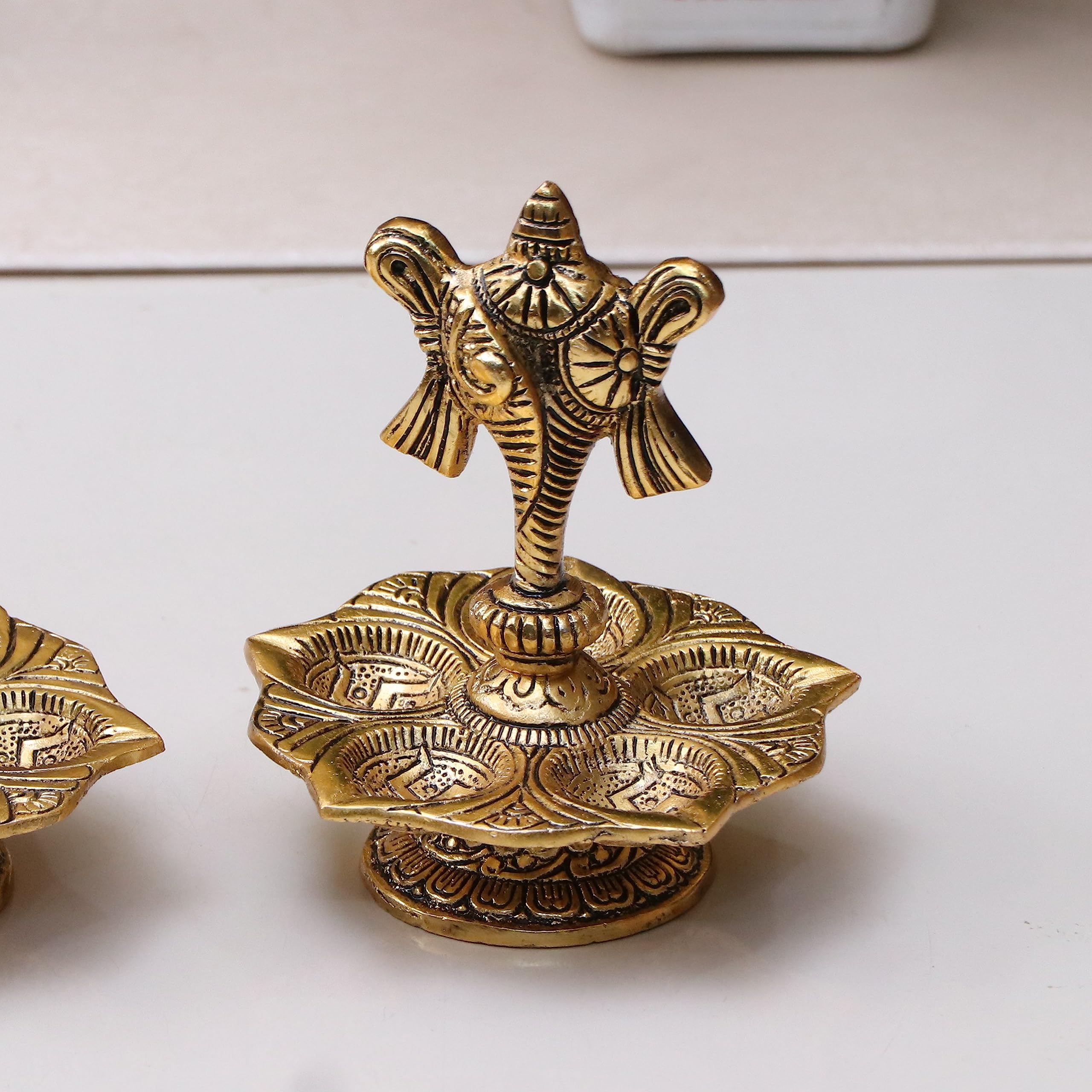 Kridaykraft Metal Tirupati Balaji Panch Mukhi Diya with Shanku Stand Gold Plated for Home and Office Pooja Room Decoration 5 batti Diya