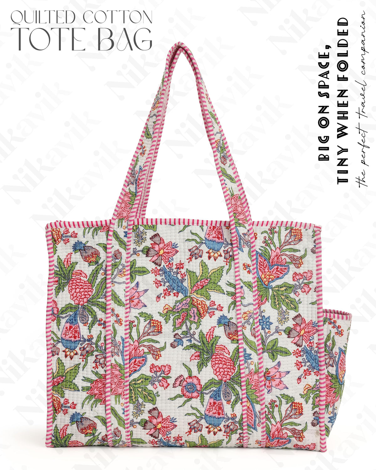 NIKAVIK 1 Tote Bags and 3 Pouch Quilted fabric Handblock Printed Tote Bag(with zip) and bottle compartment with Matching Pouches (White Pink)