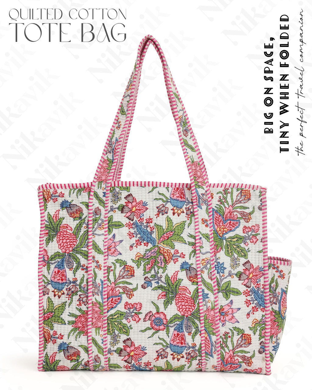 NIKAVIK Quilted Cotton Tote bag – Exotic Animal Print Foldable and Ideal for Travel Shopping Beach Trips or Daily Essentials (White Pink)