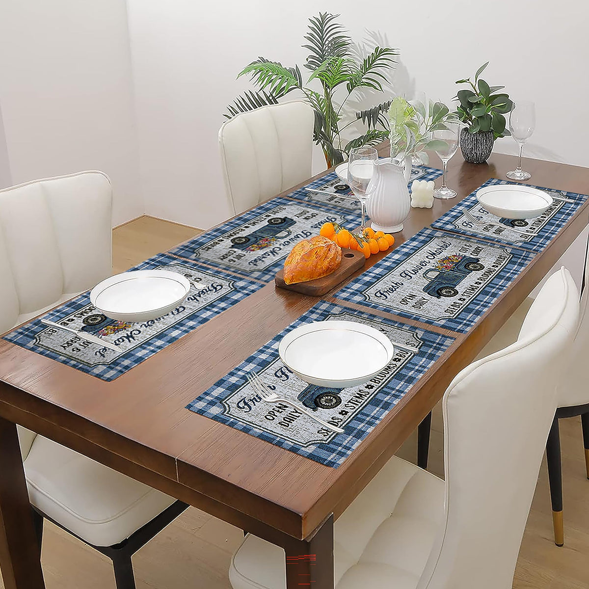 PRAKARTIK BY INDUARTS Fresh Flower Truck Market Spring Eco-Friendly Cotton Dining Table mats – Reusable, Machine Washable, Everyday Use Blue & White Rectangular Placemats, Set of 6 (33x47 cm) Kafalo