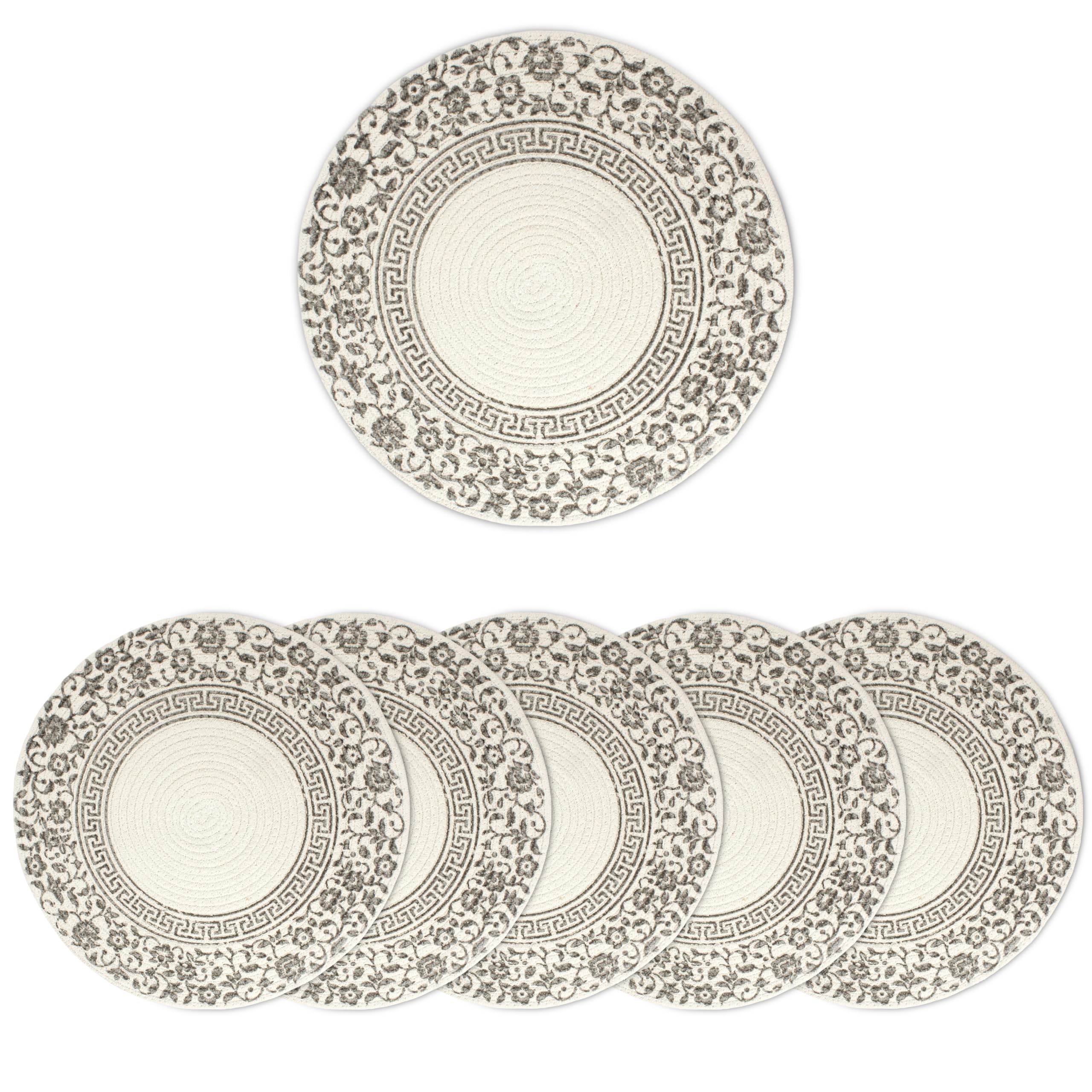 Encasa XO Dining Table Mats, Round Ribbed Cotton, Heat Resistant Grey Kafalo
