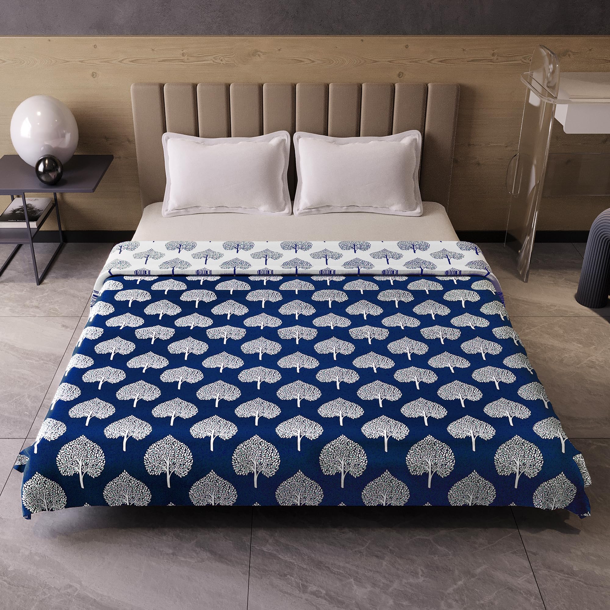 Divine Casa 120 GSM Floral Microfibre Reversible Lightweight Printed Double Bed AC Dohar Blanket for Mild Winter (Size 205 x 220 cm or 81 x 87 inch, Sapphire and White)| TC - 120 Kafalo