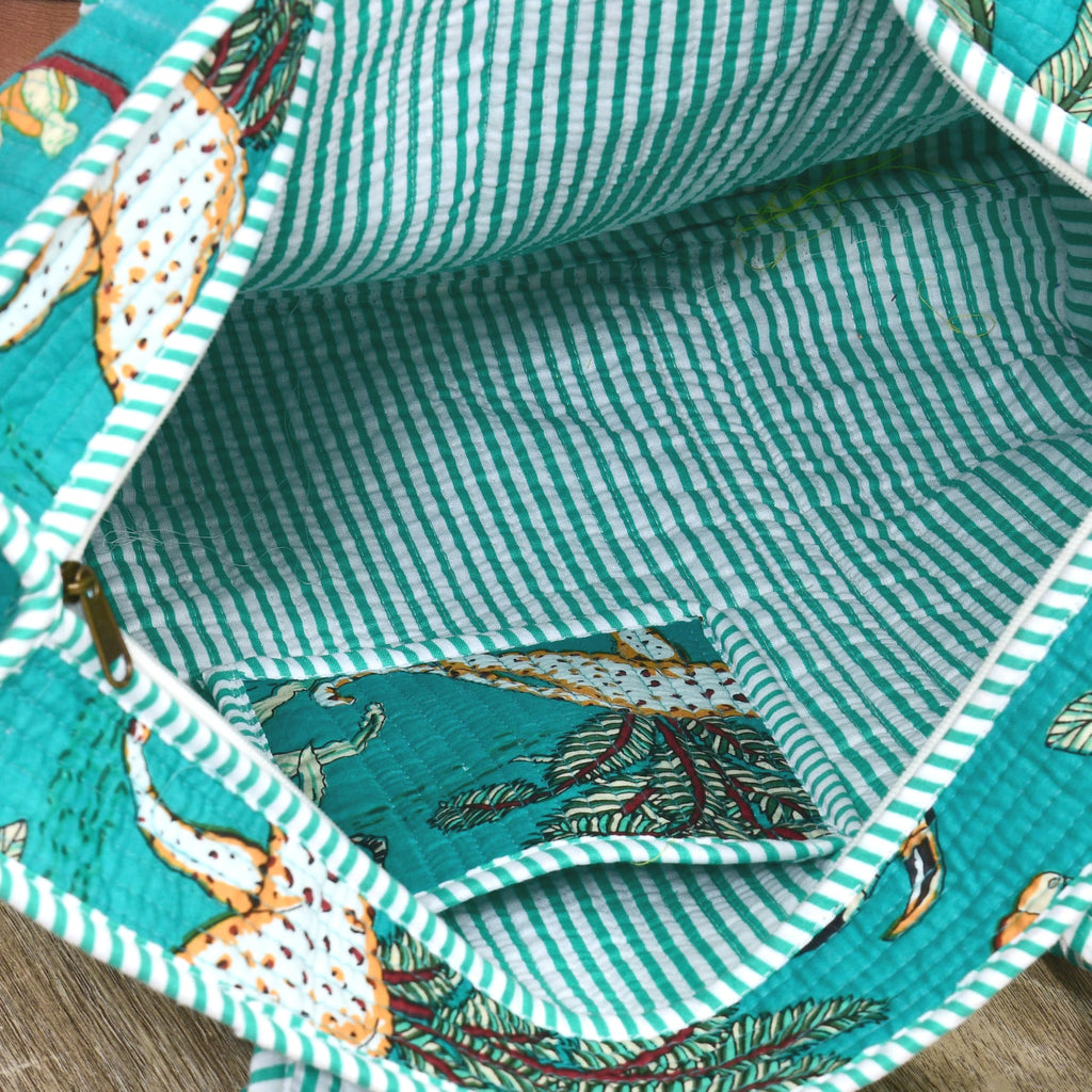 MITTICO Quilted Cotton Tote Bag for Women – Handmade Travel Shoulder Handbag with Zipper & Multiple Pockets | Lightweight & Durable Everyday Tote Bag | Turquoise Blue Jungle Print