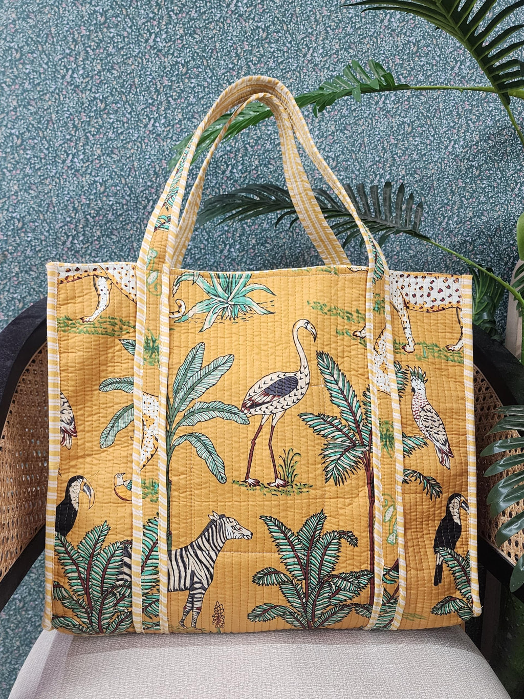 HOUSE OF GULAB Tote Bag with Long Handler & Inside Pocket (Yellow & Green)