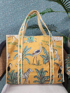 HOUSE OF GULAB Tote Bag with Long Handler & Inside Pocket (Yellow & Green)