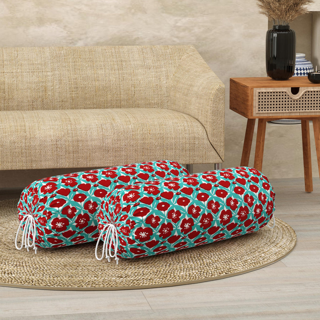 BLOCKS OF INDIA Cotton Hand Block Printed Bolster Cover | Booster Cover with Drawstring | Round Long Pillow Cover for Bed | Dewan Pillow Cover Set 16 X 32 | Set of 2 (Turq Flower)
