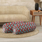 BLOCKS OF INDIA Cotton Hand Block Printed Bolster Cover | Booster Cover with Drawstring | Round Long Pillow Cover for Bed | Dewan Pillow Cover Set 16 X 32 | Set of 2 (Turq Flower)
