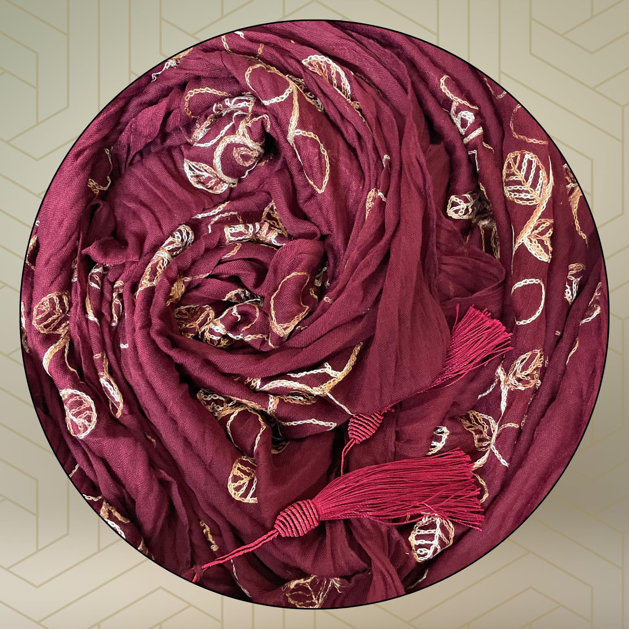 FAHABO Scarf for Women Stylish Pleated Viscose Cotton with Embroidery and Tassels | Hijab Scarf | Stole | Soft, Lightweight, and Latest Scarves | 72 x 33 Inches (Cherry Maroon)