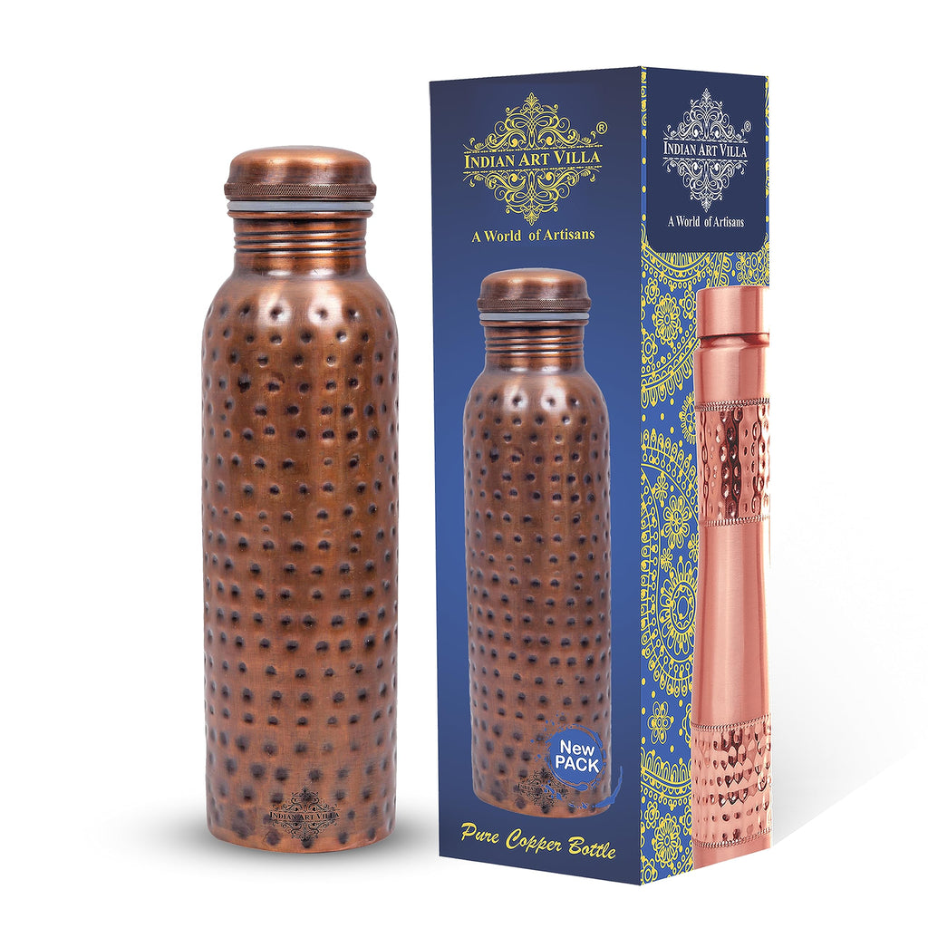 INDIAN ART VILLA Pure Copper Water Bottle with Antique Dark Hammered Design, Drinkware, Storage Purpose, Volume-900 ML