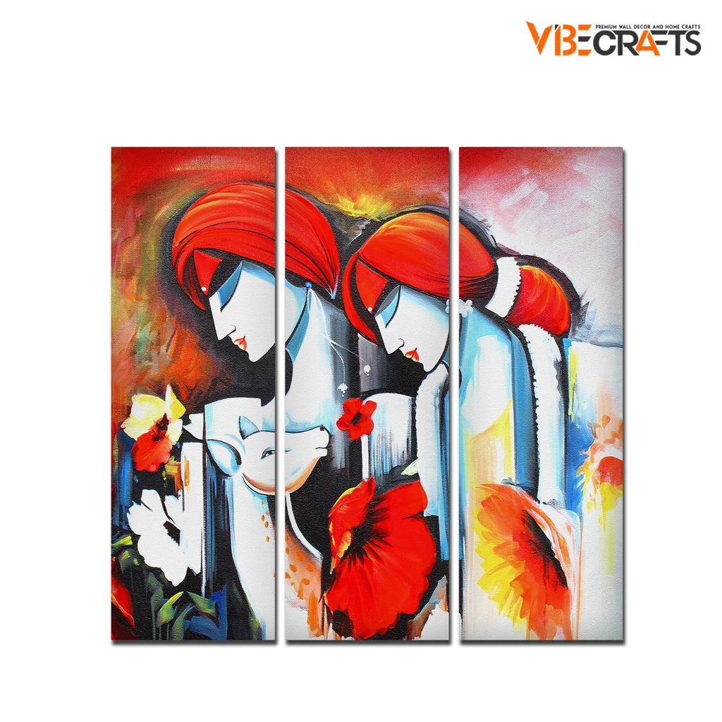 VIBECRAFTS Shri Radha Krishna 3 Pieces Canvas Wall Painting Fitted With Wooden Frame For Home | Office | Living Room | Gifts (PTVC3Pcs1_9535)