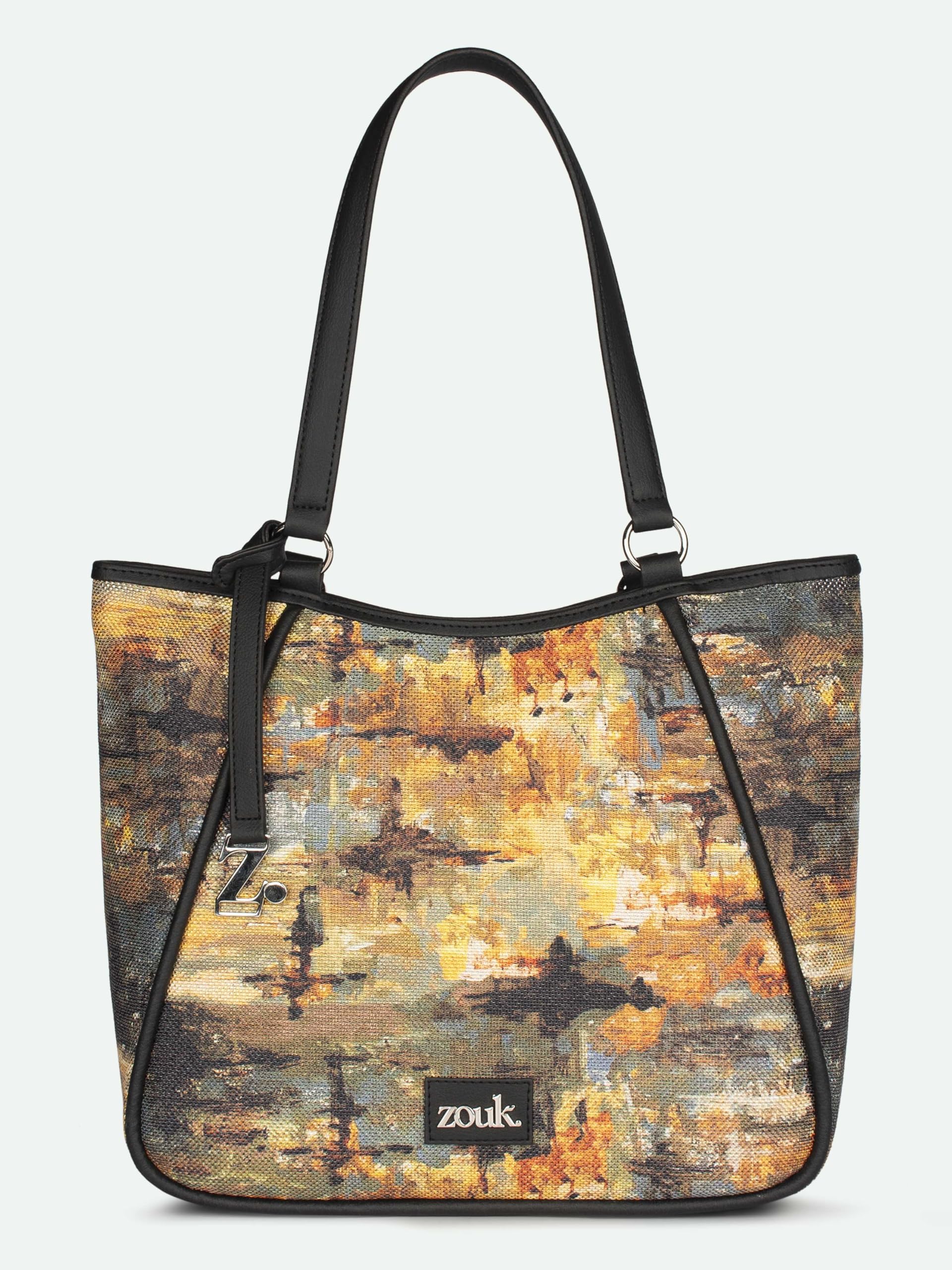 ZOUK Naisha Multicolor Abstract Tote Bag for Women | Vegan Leather Large Shoulder Handbag with Bottle Holder, Multiple Pockets & Water-Resistant Lining | Office, Travel & Daily Use | Bombay Tapestry