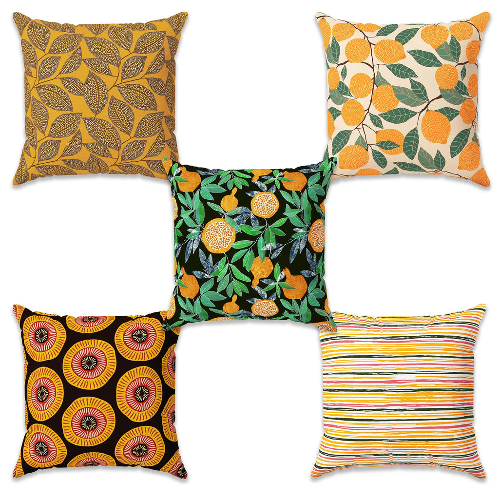 Story@Home Yellow & Green Botanical Cushion Cover Set of 5 | 16 x 16 Inch| Lemon & Leaf Digital Printed Decorative Pillow Covers|Soft Polyester Cushion Covers for Sofa, Living Room, Bedroom & Home