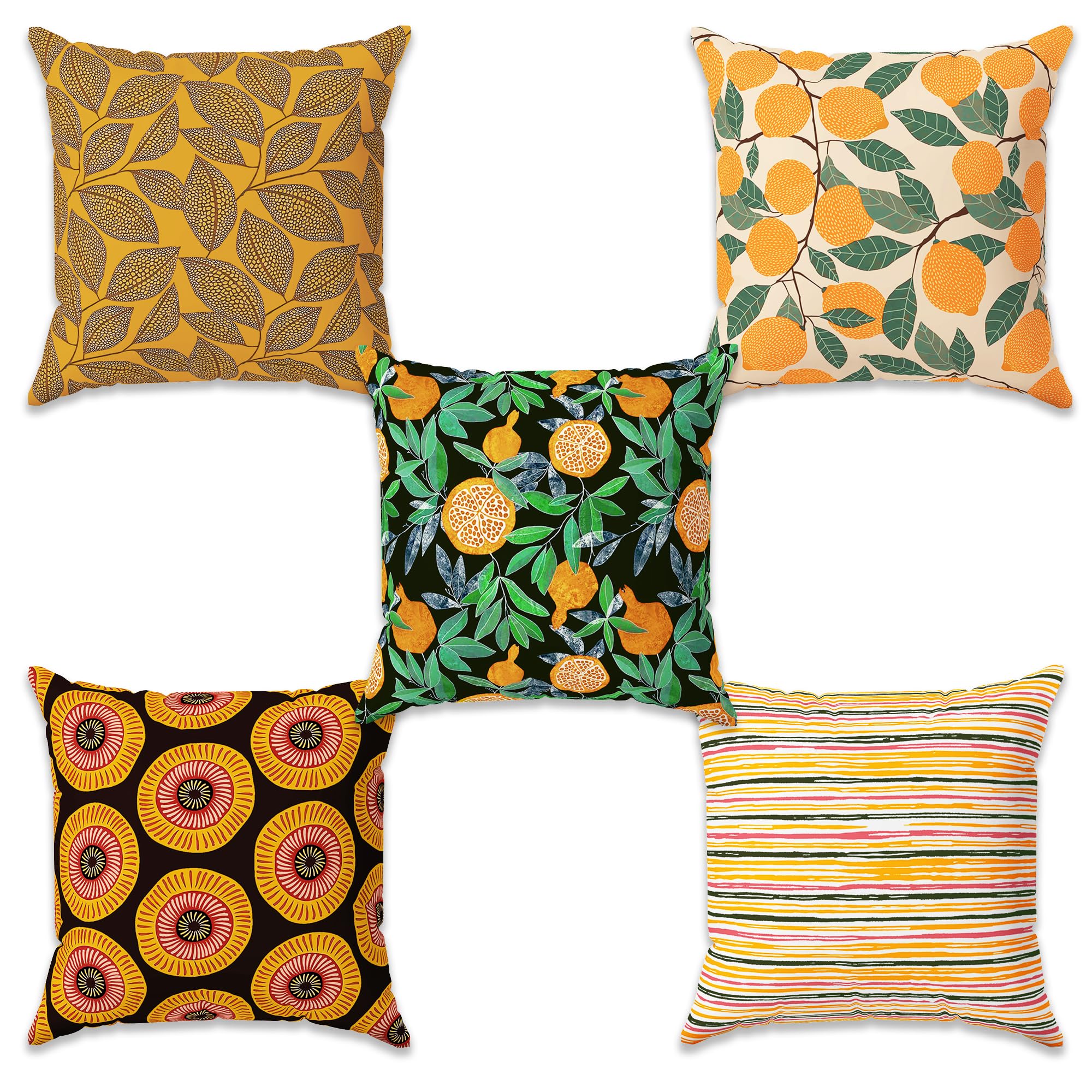 Story@Home Yellow & Green Botanical Cushion Cover Set of 5 | 16 x 16 Inch| Lemon & Leaf Digital Printed Decorative Pillow Covers|Soft Polyester Cushion Covers for Sofa, Living Room, Bedroom & Home